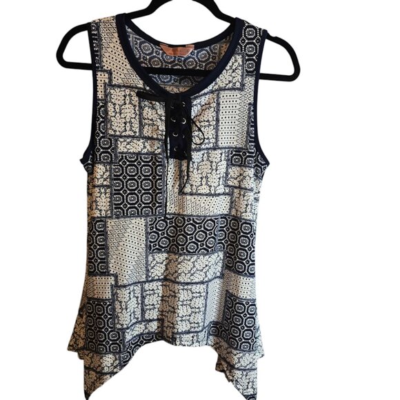 SJS Tops - SJS NAVY BLUE WHITE SLEEVELESS TOP SIZE LARGE GEOMETRIC DESIGN FRONT TIE
